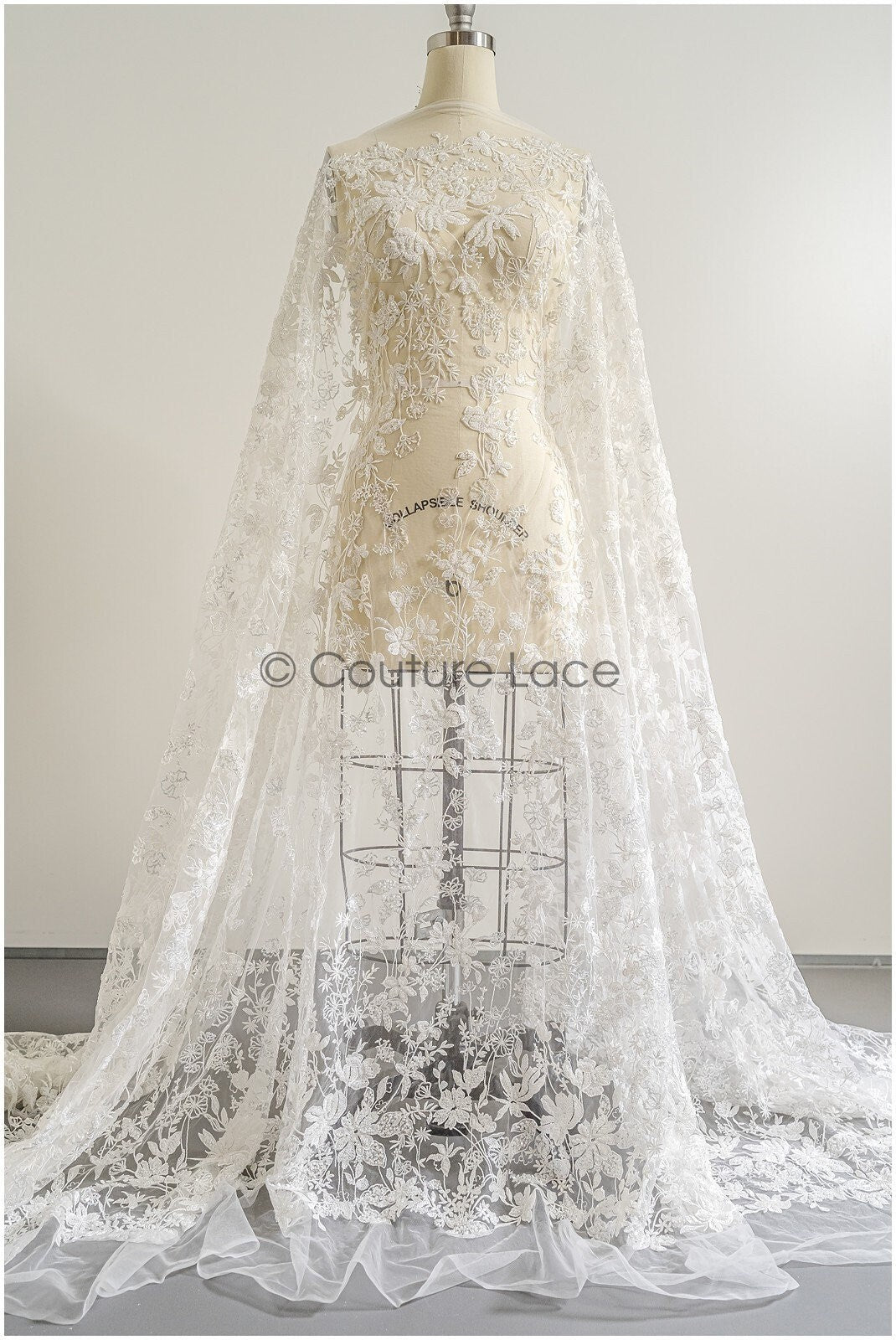Wildflower lace fabric off-white/ Bridal couture lace fabric with pearls &amp; sequins/ Bridal lace with branches &amp; leaves// L22-485