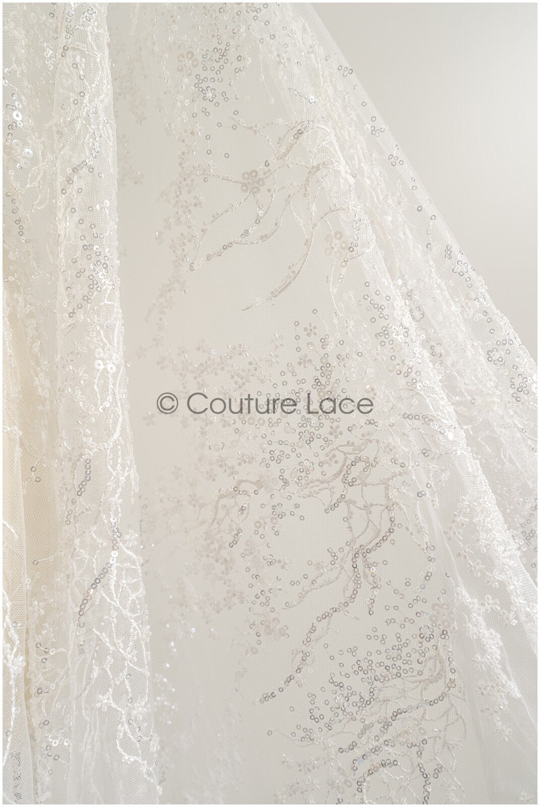 Beaded lace fabric with small leaves/ Couture lace fabric with beads and sequins/ L22-487-REST-1.3YDS
