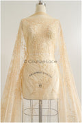 Beautiful champagne pearl lace fabric with small leaves, couture lace fabric with pearls and sequins, champagne pearl fabric// L22-484