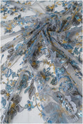 Wunderschöner blau gelber Spitzenstoff mit Blumen, Couture Spitzenstoff mit Perlen und Pailletten, blau goldfarbener Spitzenstoff// L22-483