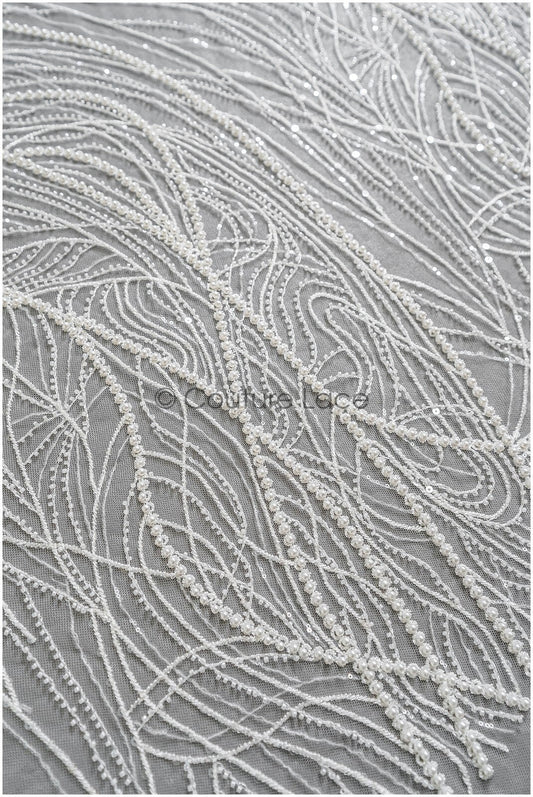 Beautiful beaded lace fabric with curved lines/ Couture lace fabric with beads &amp; sequins/ Bridal lace off-white// L22-481 (Copy)