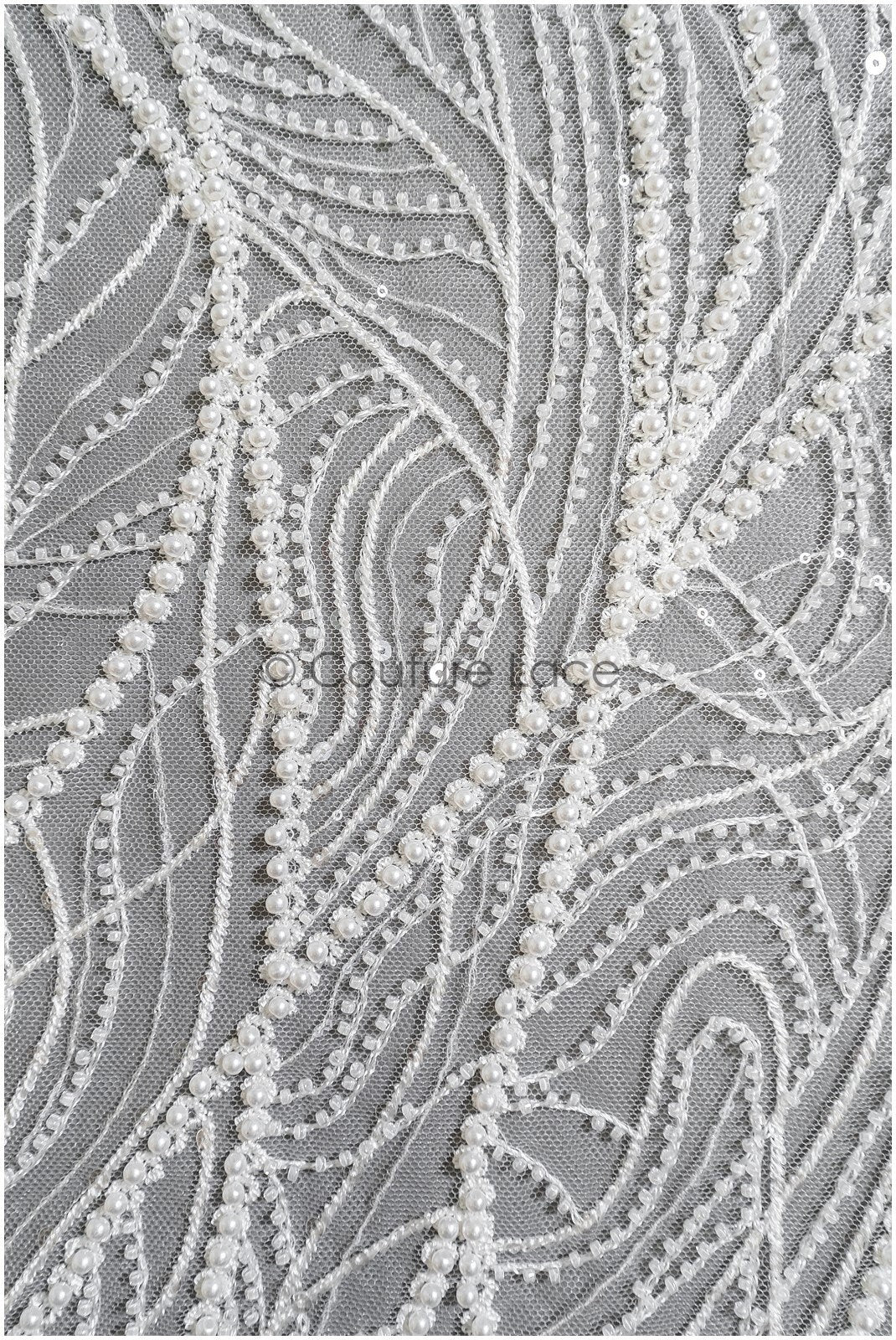 Beautiful pearl lace fabric with lines and waves/ Couture lace fabric with pearls &amp; sequins/ Bridal lace off-white// L22-481