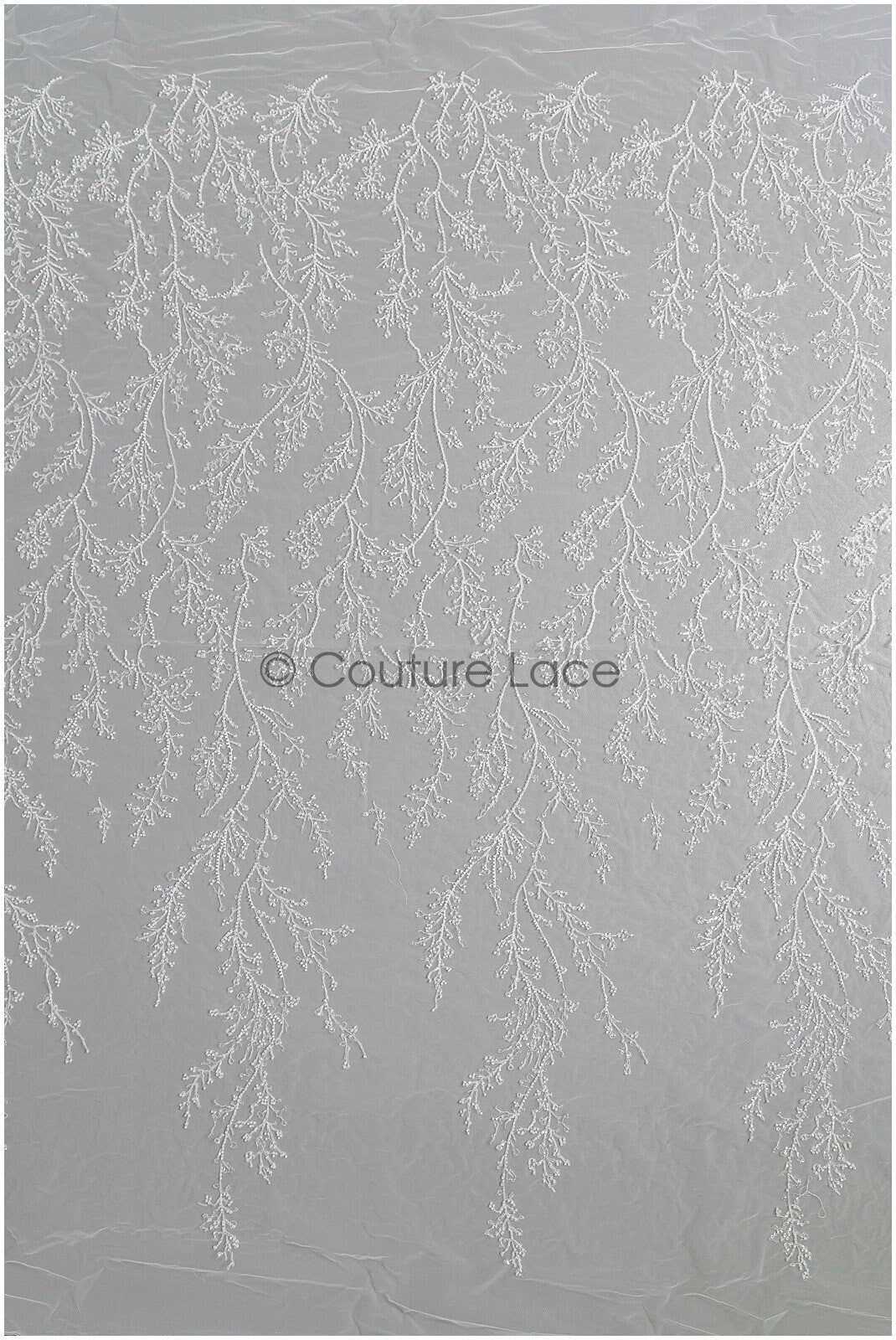 L22-469 // Beautiful beaded lace fabric with small leafs, couture lace fabric with beads and sequins, bridal lace with branches and buy leafs