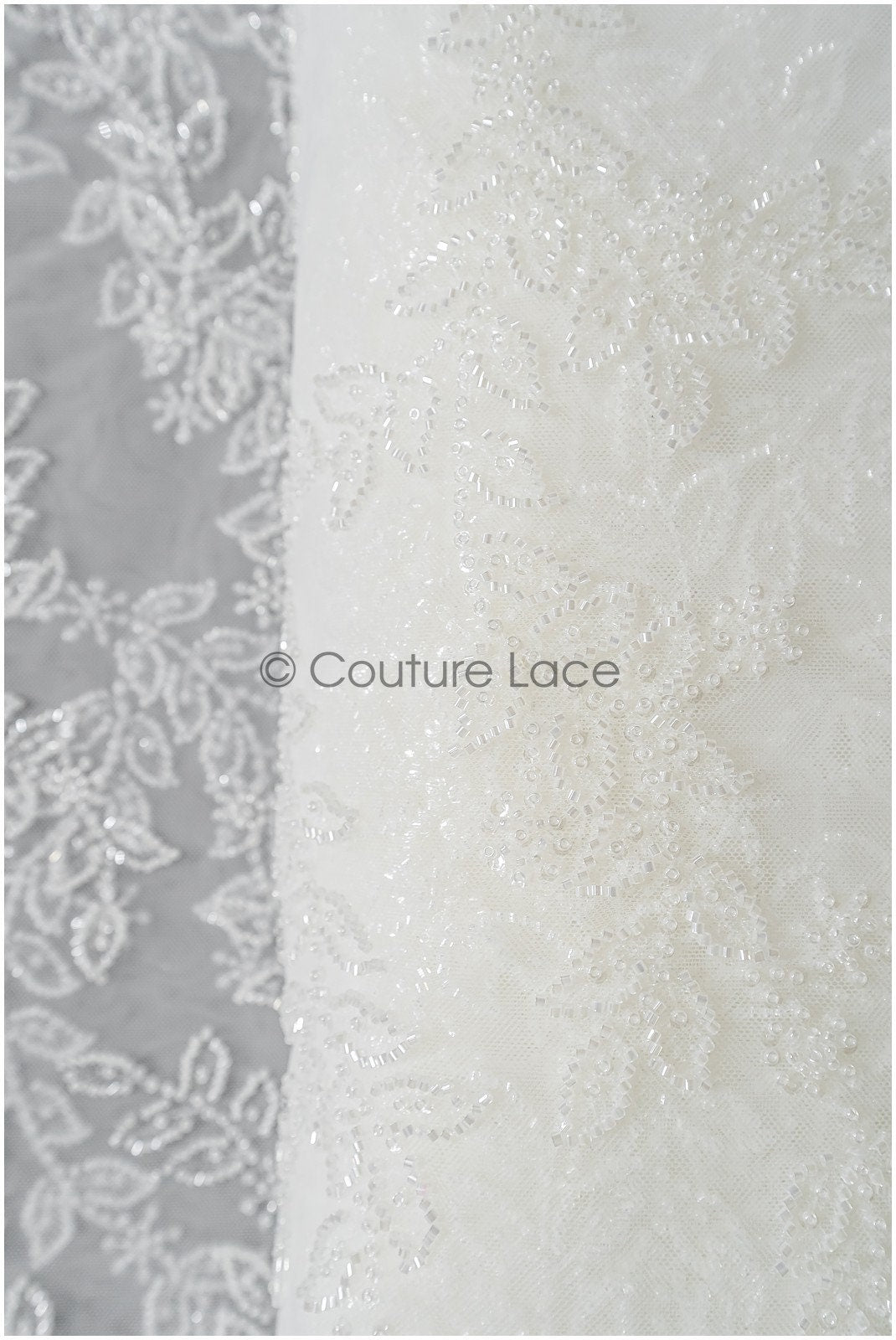 Wunderschöner Spitzenstoff mit kleinen Blättern/ Couture Spitzenstoff mit Perlen & Pailletten/ Brautspitze Off-White// L22-470