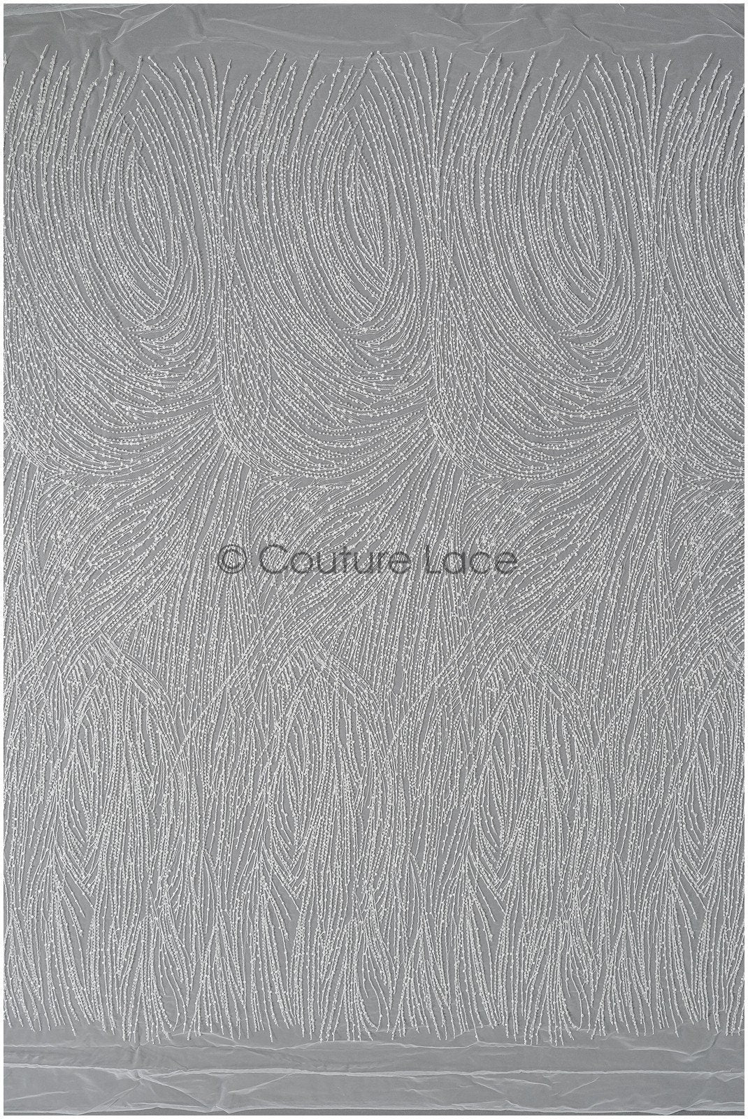 Heavy lace fabric with lines/ Couture lace fabric with beads &amp; sequins/ Couture lace fabric off-white// L22-472