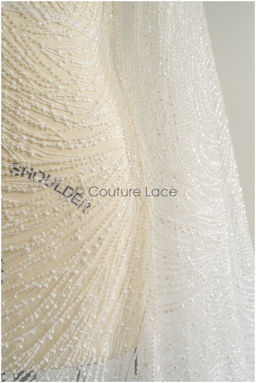 Heavy lace fabric with lines/ Couture lace fabric with beads &amp; sequins/ Couture lace fabric off-white// L22-472