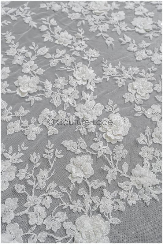 Wunderschöner 3D Blumen Spitzenstoff/ Braut Couture Spitzenstoff Off-White/ 3D Brautspitze mit Perlen/ Brautspitze// L22-471