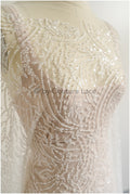 Schwerer Spitzenstoff mit Linien/ Couture Spitzenstoff mit Perlen & Pailletten/ Couture Spitzenstoff Off-White/ Brautspitze// L22-490