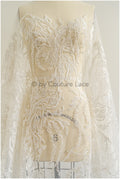 Heavy lace fabric with lines/ Couture lace fabric with beads &amp; sequins/ Couture lace fabric/ Bridal lace// L22-491