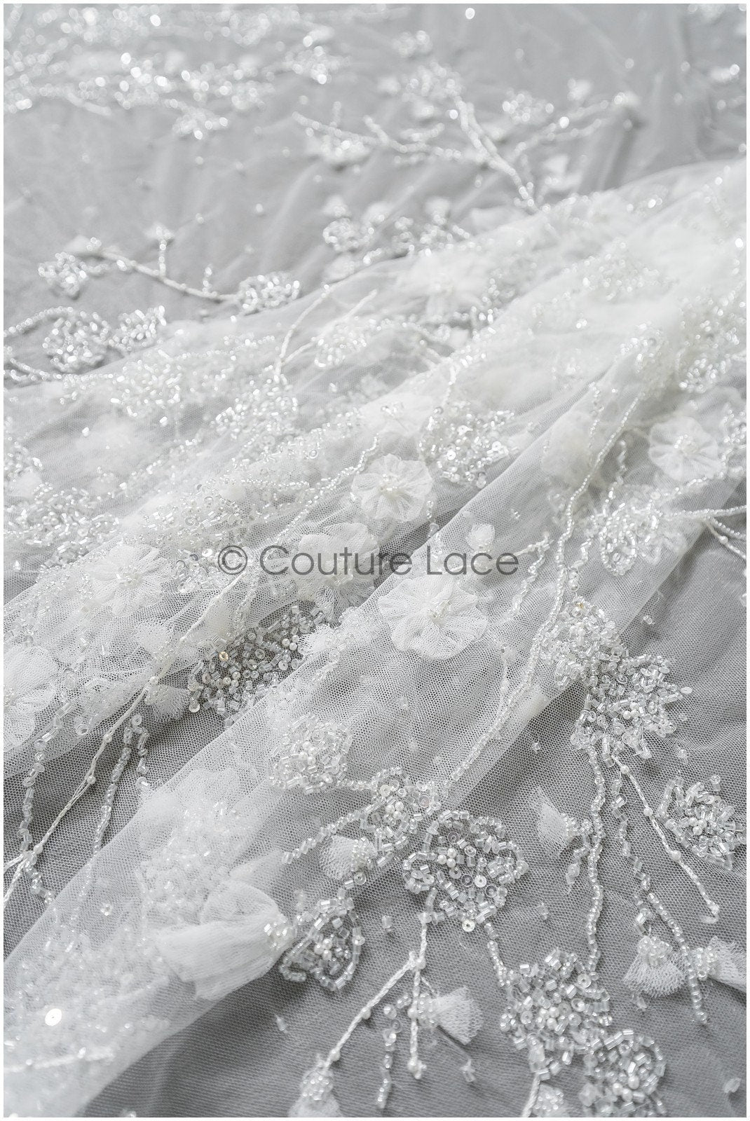 3D flower lace fabric/ pearl bridal fabric/ romantic flower lace fabric with 3D flowers/ wedding lace fabric // L22-476