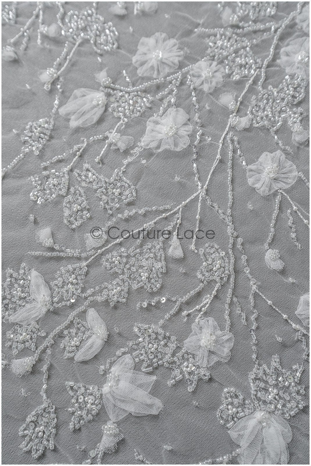 3D flower lace fabric/ pearl bridal fabric/ romantic flower lace fabric with 3D flowers/ wedding lace fabric // L22-476