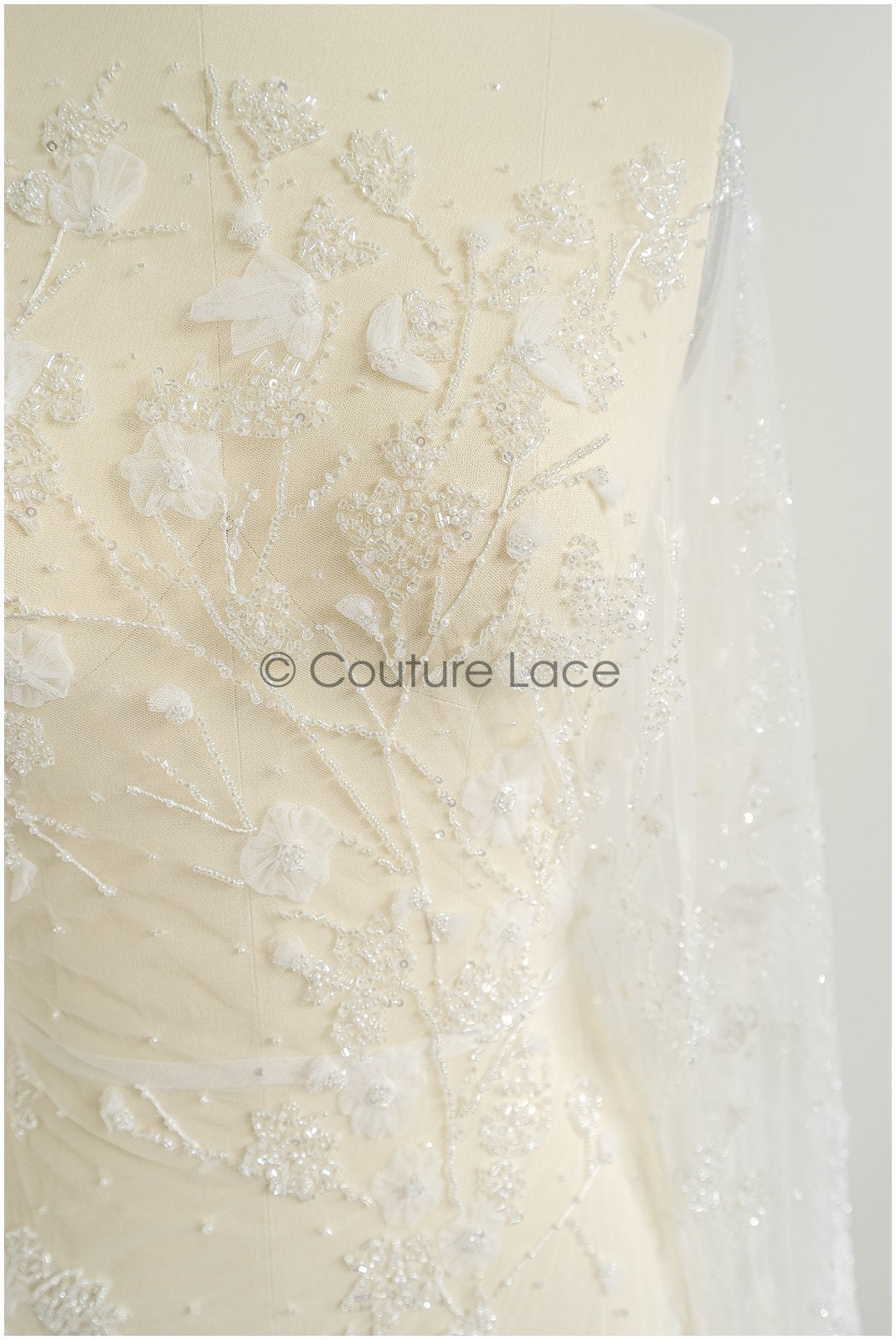 3D flower lace fabric/ pearl bridal fabric/ romantic flower lace fabric with 3D flowers/ wedding lace fabric // L22-476