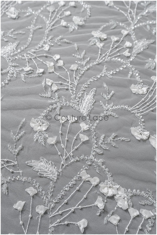 Perlen Braut Spitzenstoff/ Perlenspitze mit 3D-Blumen Off-White/ Couture Spitzenstoff/ Braut Spitzenstoff// L22-478