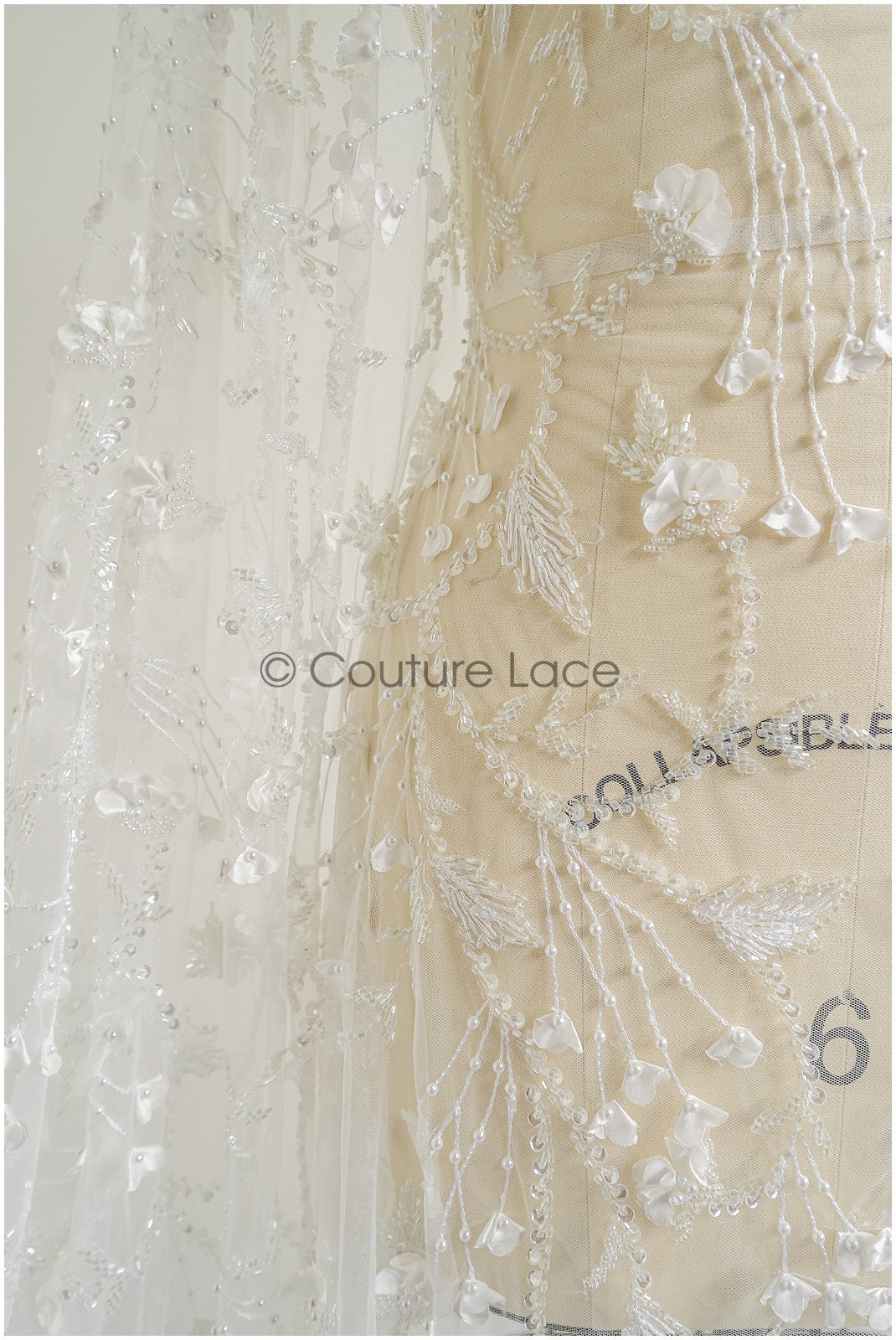 Perlen Braut Spitzenstoff/ Perlenspitze mit 3D-Blumen Off-White/ Couture Spitzenstoff/ Braut Spitzenstoff// L22-478
