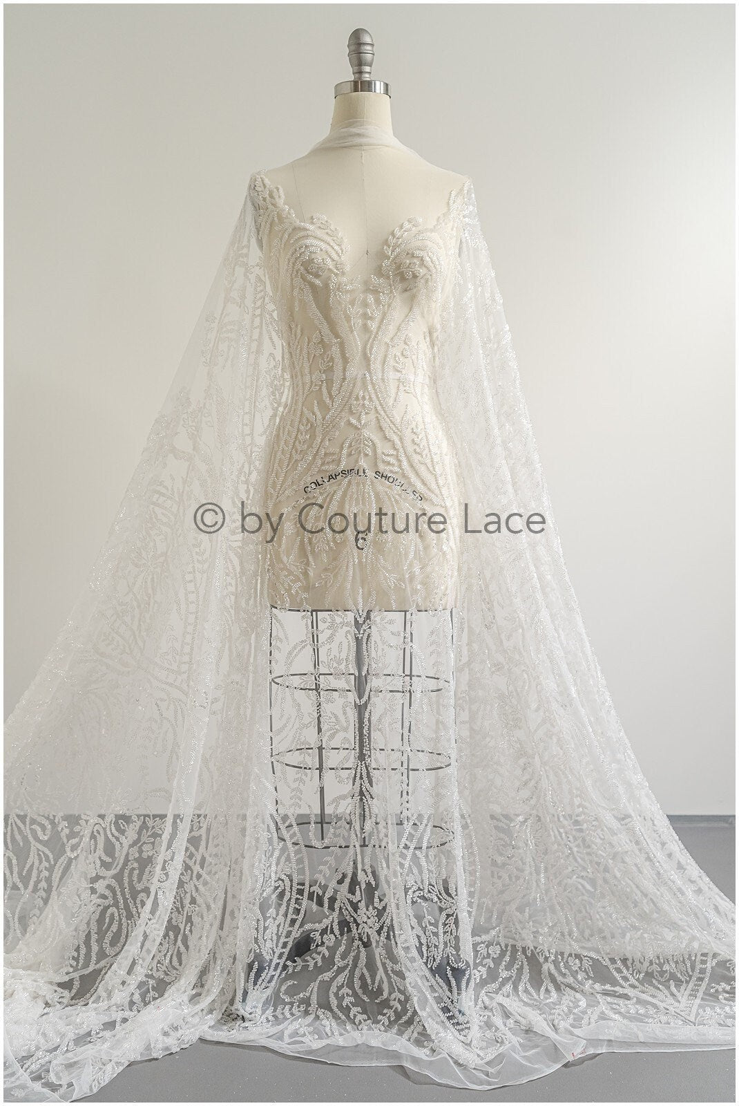 Schwerer Braut Spitzenstoff mit verschnörkelten Muster/ Perlenspitze Off-White/ Couture Spitzenstoff/ Brautspitze// L22-495
