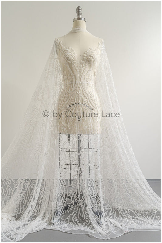 Schwerer Braut Spitzenstoff mit verschnörkelten Muster/ Perlenspitze Off-White/ Couture Spitzenstoff/ Brautspitze// L22-495