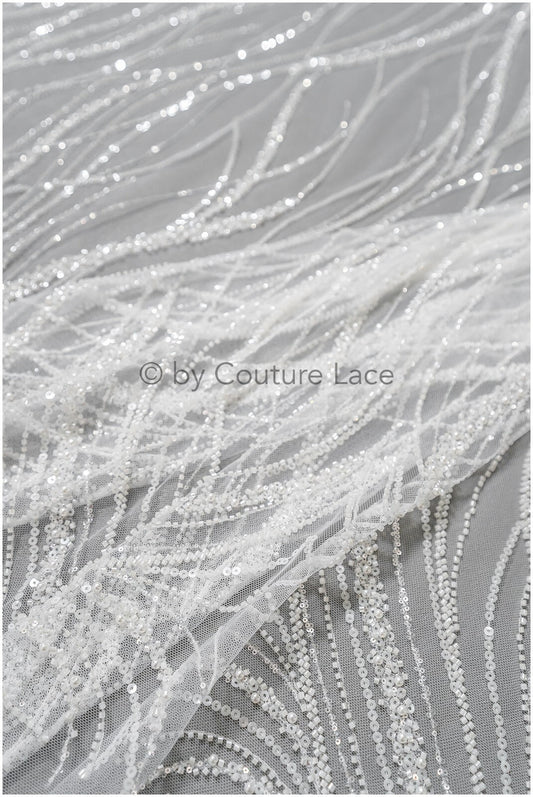 1.5yds Glitzerperlen Spitzenstoff mit Linien/ Couture Spitzenstoff mit Perlen/ Couture Spitzenstoff Off-White// L22-499-REST-1,5YDS