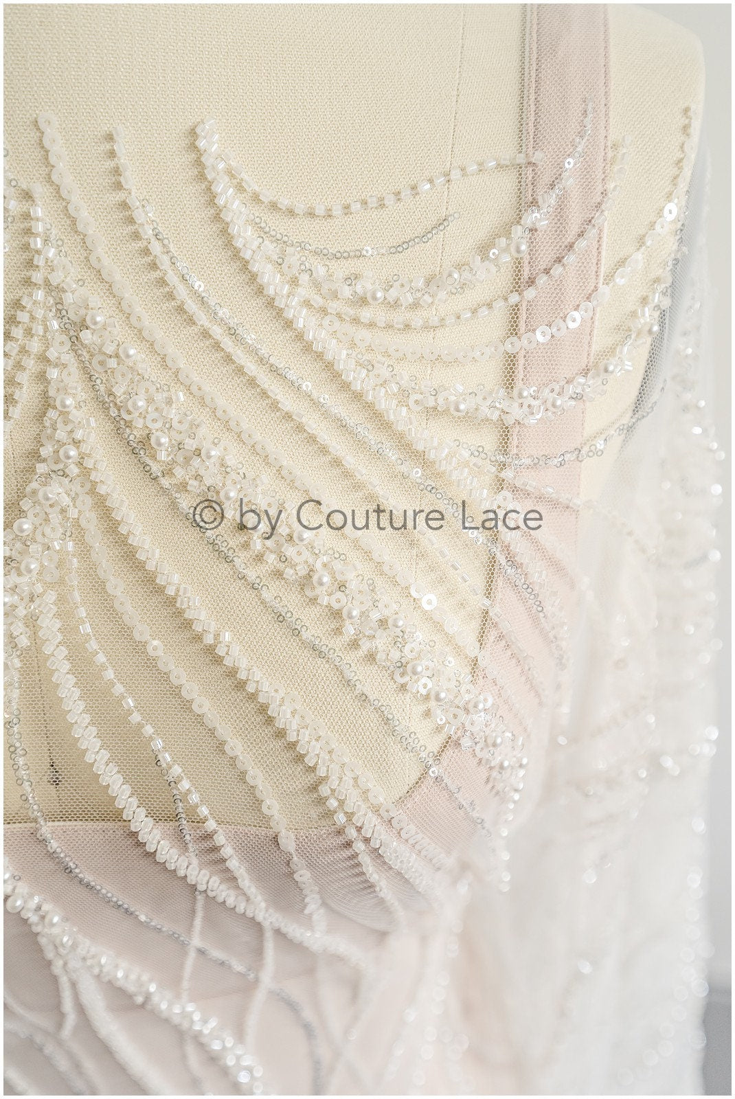 1.5yds Glitter Beaded Lace Fabric with Lines/ Couture Lace Fabric with Beads/ Couture Lace Fabric Off-White// L22-499 (Copy)