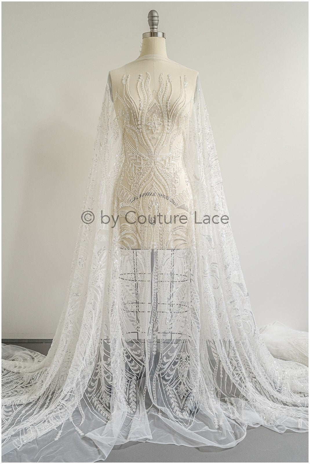 Glitzerperlen Spitzenstoff mit Linien/ Couture Spitzenstoff mit Perlen/ Pallas Couture Spitzenstoff/ Brautspitze// L22-504