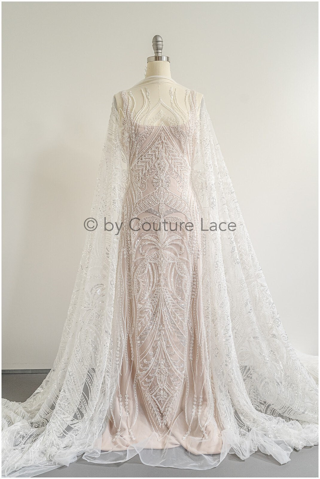 Glitzerperlen Spitzenstoff mit Linien/ Couture Spitzenstoff mit Perlen/ Pallas Couture Spitzenstoff/ Brautspitze// L22-504