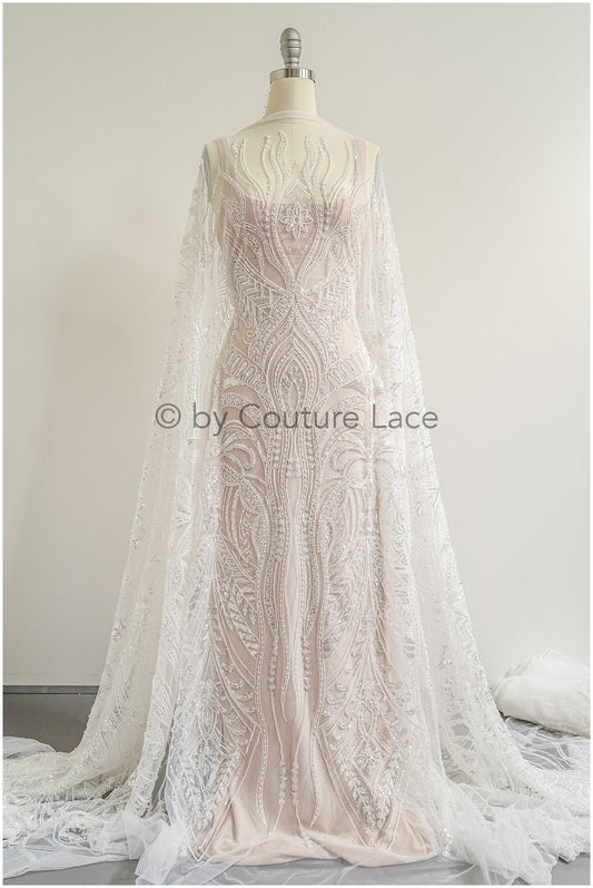Glitzerperlen Spitzenstoff mit Linien/ Couture Spitzenstoff mit Perlen/ Pallas Couture Spitzenstoff/ Brautspitze// L22-504