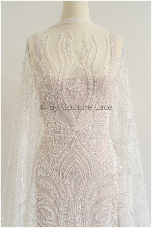 Glitzerperlen Spitzenstoff mit Linien/ Couture Spitzenstoff mit Perlen/ Pallas Couture Spitzenstoff/ Brautspitze// L22-504