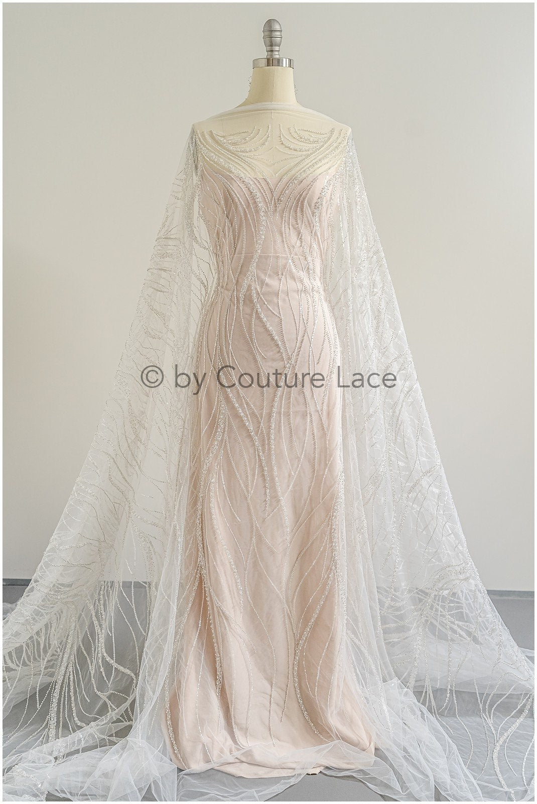 Glitter pearl lace fabric with lines/ Couture lace fabric with pearls/ Couture bridal lace fabric/ Pearl lace// L22-501