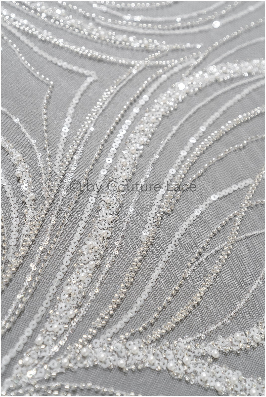Glitter pearl lace fabric with lines/ Couture lace fabric with pearls/ Couture bridal lace fabric/ Pearl lace// L22-501