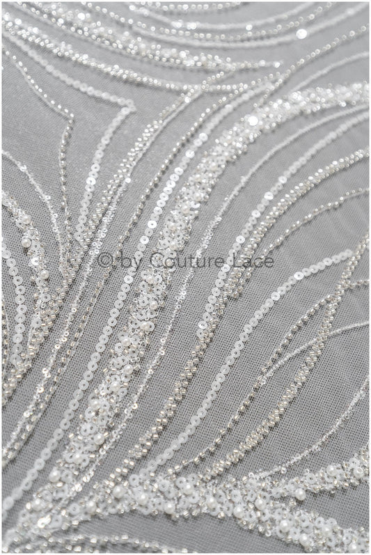 Glitter pearl lace fabric with lines/ Couture lace fabric with pearls/ Couture bridal lace fabric/ Pearl lace// L22-501