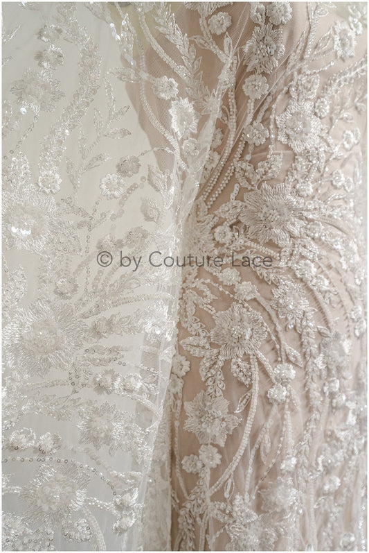 Glitzerperlen Spitzenstoff mit Blumenmuster/ Couture Spitzenstoff mit Perlen/ Braut Couture Spitzenstoff/ Perlenspitze// L22-512