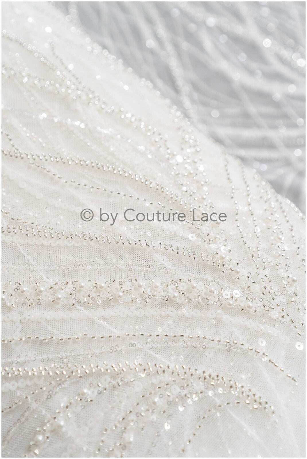 Glitter pearl lace fabric with lines/ Couture lace fabric with pearls/ Couture bridal lace fabric/ Pearl lace// L22-501