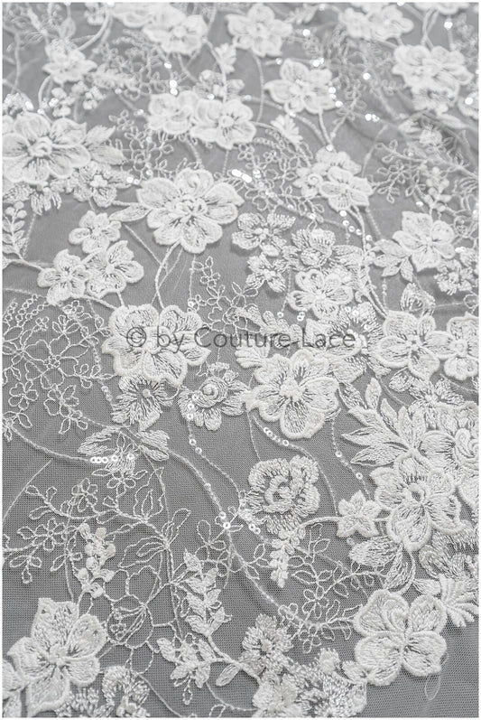 Romantischer Blumen Spitzenstoff/ Blumenspitze Off-White/ Hochzeitskleid Spitze/ Brautblumen Spitzenstoff mit Pailletten// L22-507