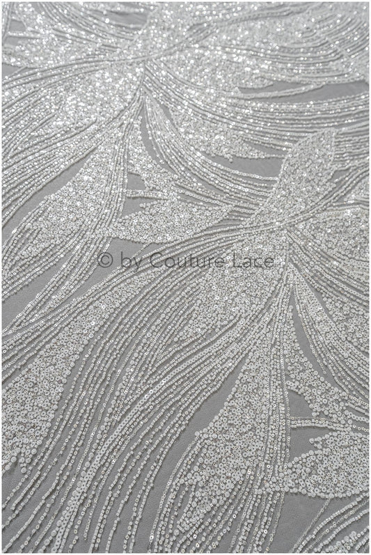 wunderschöner gestreifter Spitzenstoff/ Perlen Braut Spitze mit großen Zweigen/ Brautkleid Spitze mit Perlen/ Brautkleid Material// L22-511