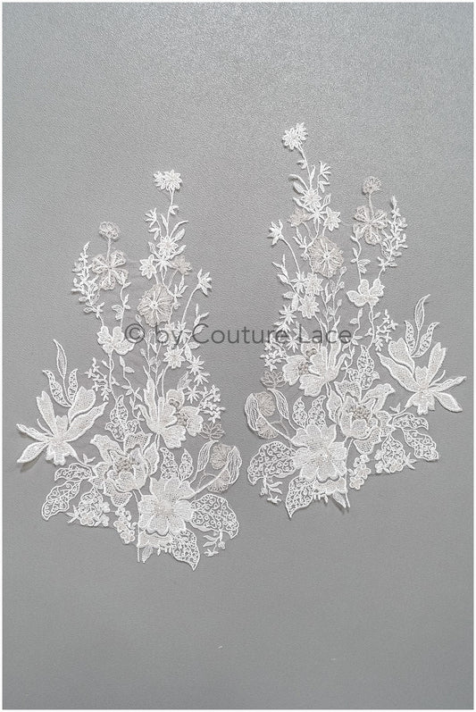 romantischer Wildblumen-Aufnäher/ Silberweiße Blumen Applikation/ Brautkleid Spitze Applikation/ Brautblumen Applikation// A23-315