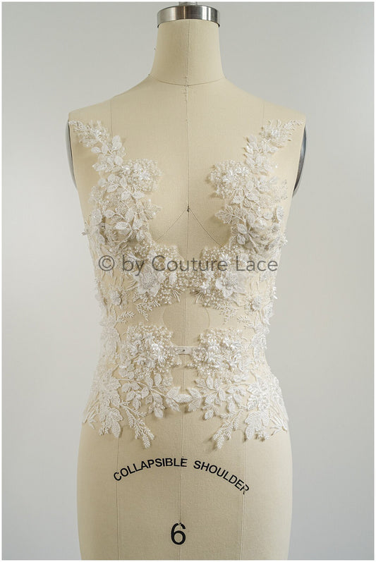 3D Blumen Applikation / Perlen Braut Aufnäher / Hochzeitskleid Spitzenapplikation / Brautblatt Applikation / A23-331