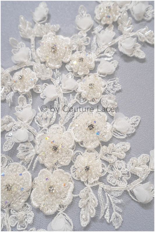3D Blumen Applikation / Perlen Braut Aufnäher / Hochzeitskleid Spitzenapplikation / Brautblatt Applikation / A23-323
