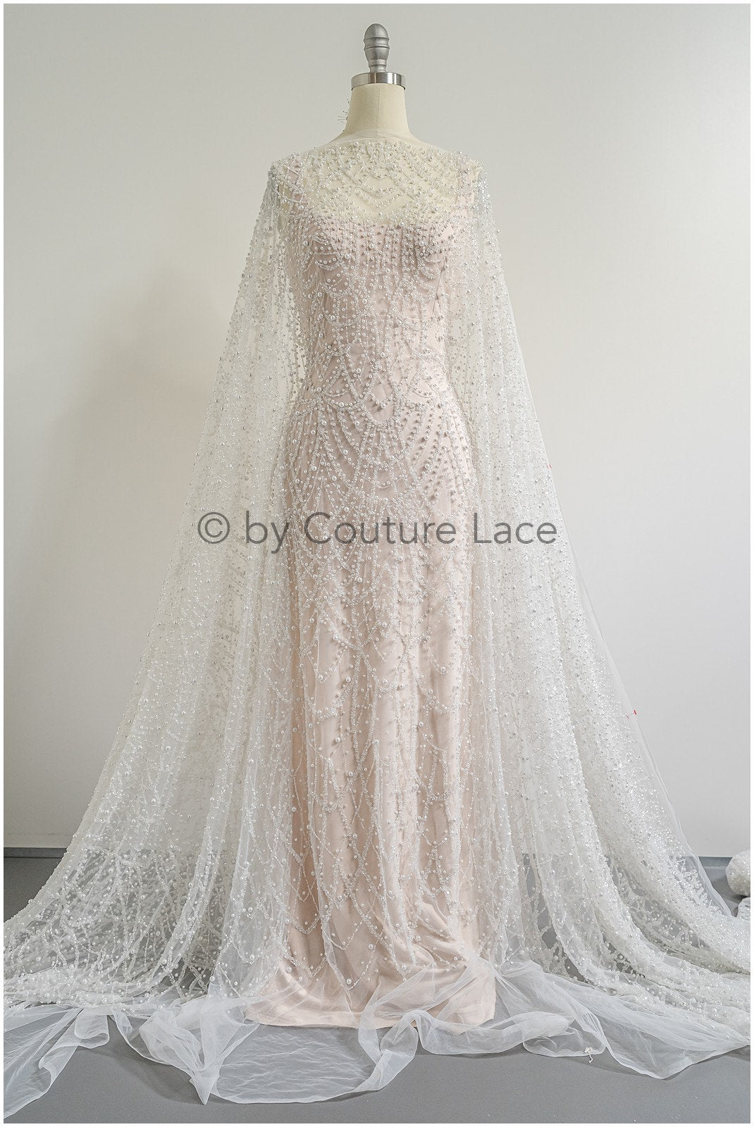 Heavy Beaded Lace Fabric Off-White/ Couture Lace Fabric with Pearls &amp; Beads/ Geometric Lace/ Beaded Lace // L23-527