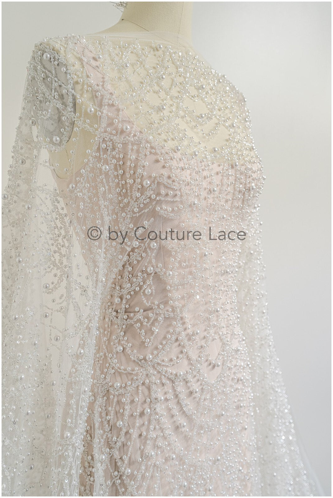 Heavy Beaded Lace Fabric Off-White/ Couture Lace Fabric with Pearls &amp; Beads/ Geometric Lace/ Beaded Lace // L23-527