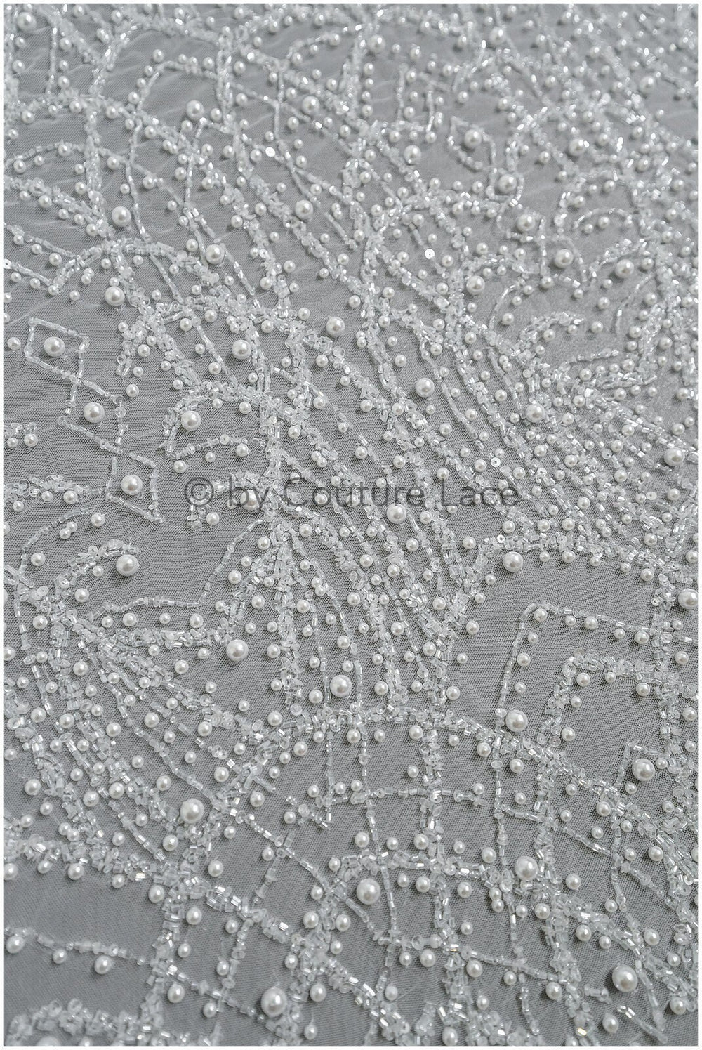 Heavy Beaded Lace Fabric Off-White/ Couture Lace Fabric with Pearls &amp; Beads/ Geometric Lace/ Beaded Lace // L23-527