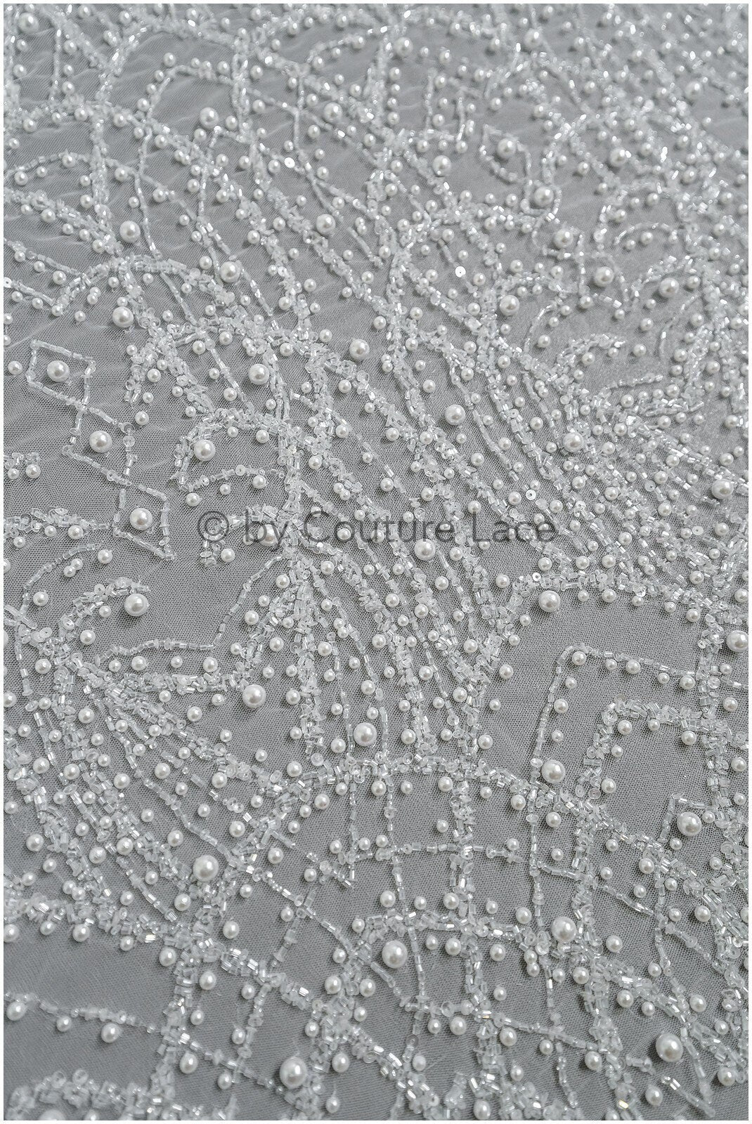 Heavy Beaded Lace Fabric Off-White/ Couture Lace Fabric with Pearls &amp; Beads/ Geometric Lace/ Beaded Lace // L23-527