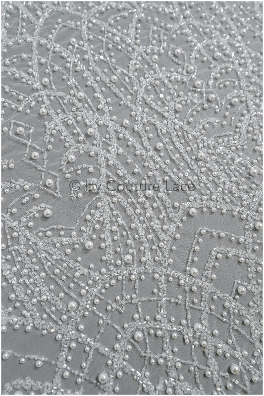 Heavy Beaded Lace Fabric Off-White/ Couture Lace Fabric with Pearls &amp; Beads/ Geometric Lace/ Beaded Lace // L23-527