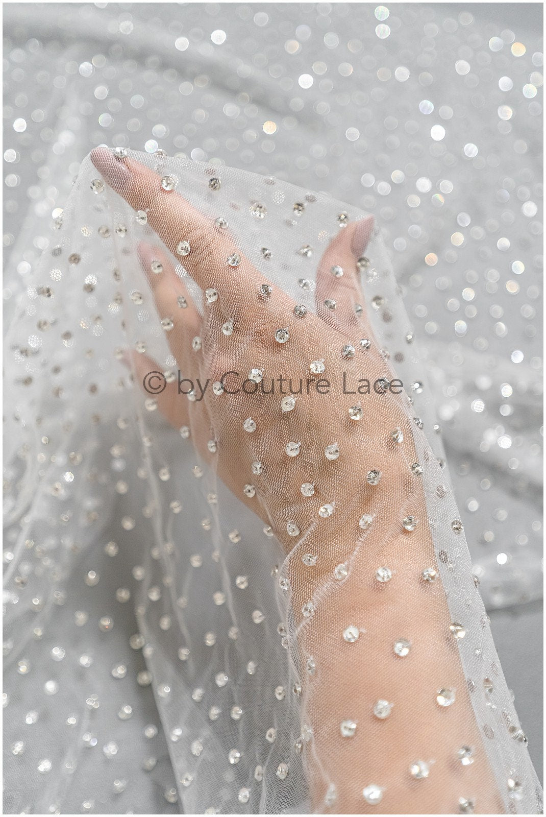Beautiful tulle fabric with small rhinestones/ Couture fabric with rhinestones/ Swarovski tulle fabric/ Rhinestone tulle// L23-523