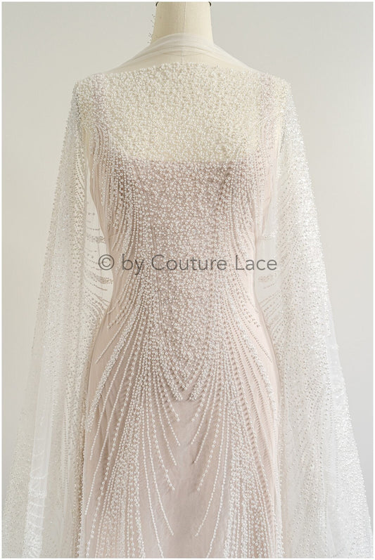 Wunderschöner perlenbesetzter Spitzenstoff Off-White/ Couture Spitzenstoff mit Perlen & Pailletten/ Brautspitze// L23-502