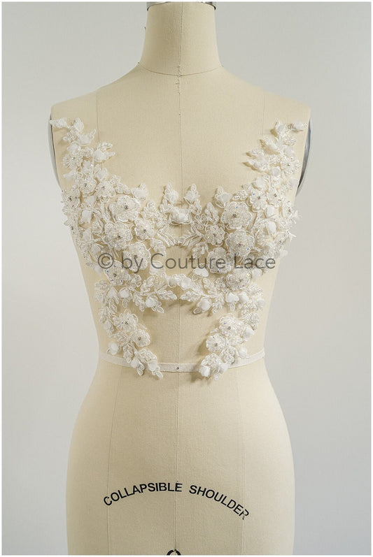 3D Blumen Applikation / Perlen Braut Aufnäher / Hochzeitskleid Spitzenapplikation / Brautblatt Applikation / A23-323