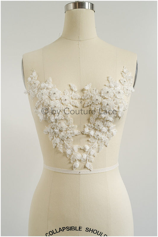 3D Blumen Applikation / Perlen Braut Aufnäher / Hochzeitskleid Spitzenapplikation / Brautblatt Applikation / A23-324