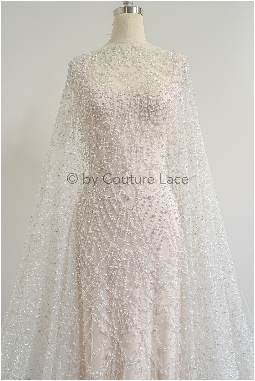 Heavy Beaded Lace Fabric Off-White/ Couture Lace Fabric with Pearls &amp; Beads/ Geometric Lace/ Beaded Lace // L23-527