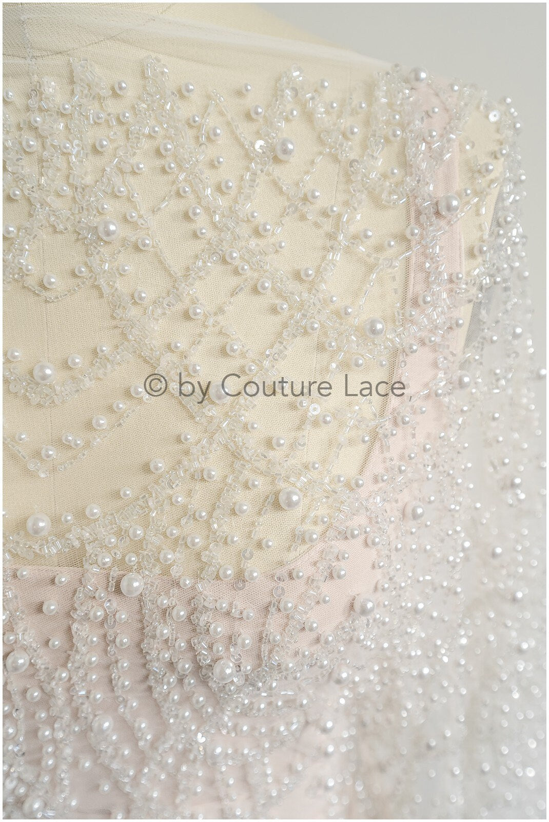 Heavy Beaded Lace Fabric Off-White/ Couture Lace Fabric with Pearls &amp; Beads/ Geometric Lace/ Beaded Lace // L23-527
