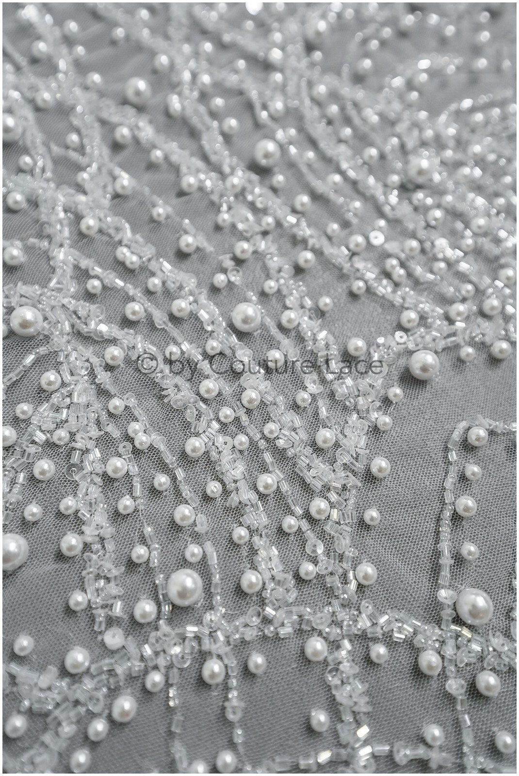 Heavy Beaded Lace Fabric Off-White/ Couture Lace Fabric with Pearls &amp; Beads/ Geometric Lace/ Beaded Lace // L23-527