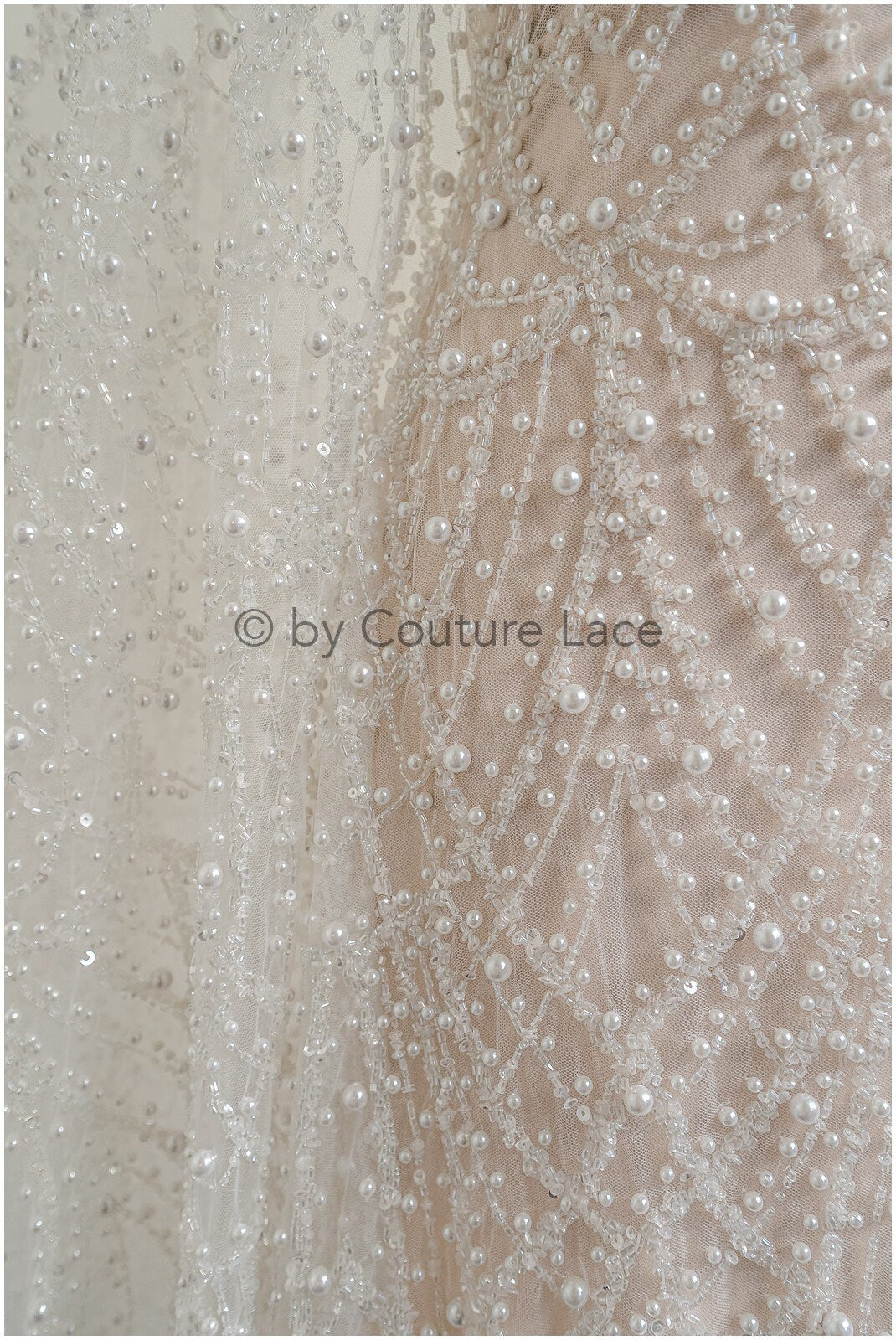 Heavy Beaded Lace Fabric Off-White/ Couture Lace Fabric with Pearls &amp; Beads/ Geometric Lace/ Beaded Lace // L23-527