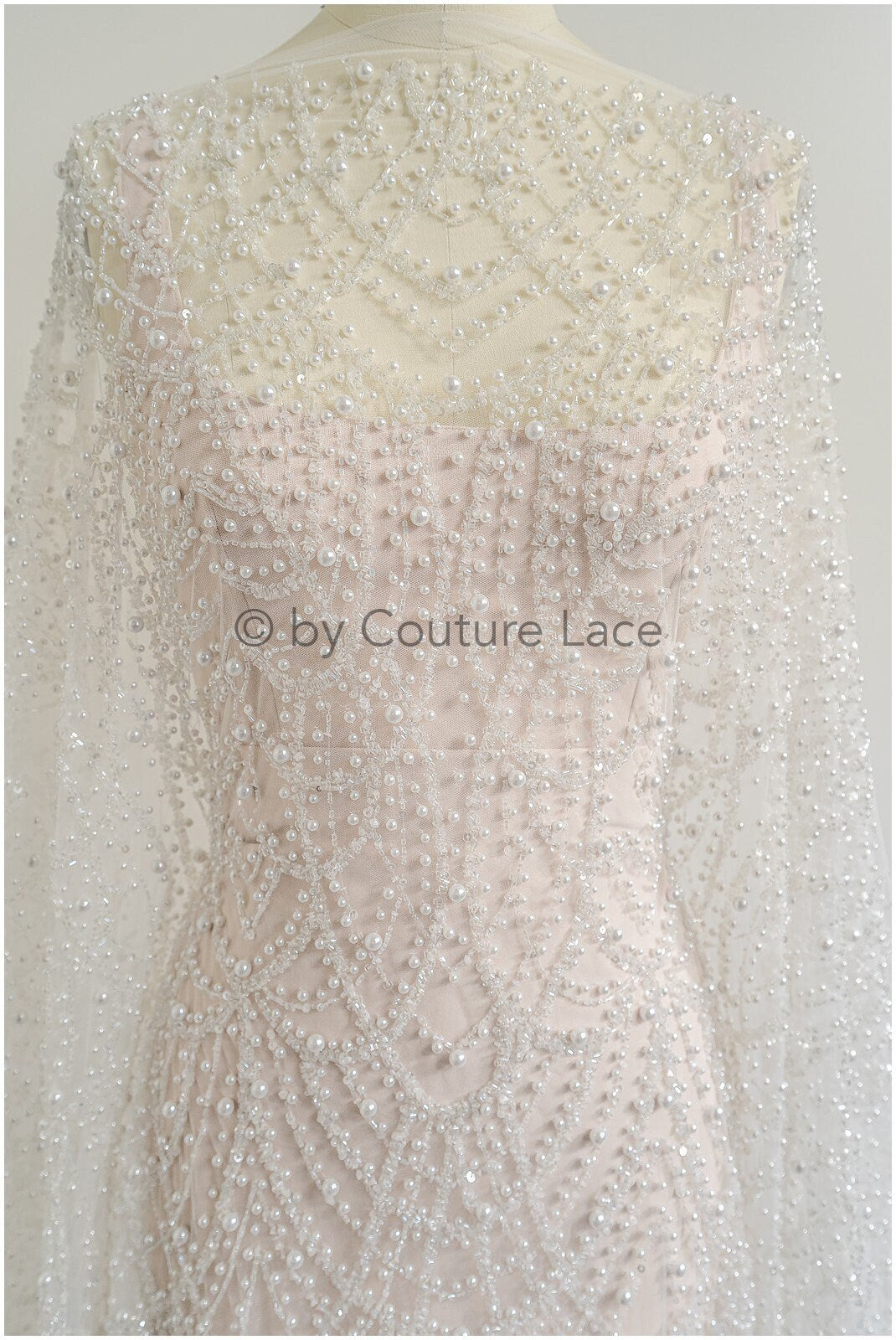 Heavy Beaded Lace Fabric Off-White/ Couture Lace Fabric with Pearls &amp; Beads/ Geometric Lace/ Beaded Lace // L23-527